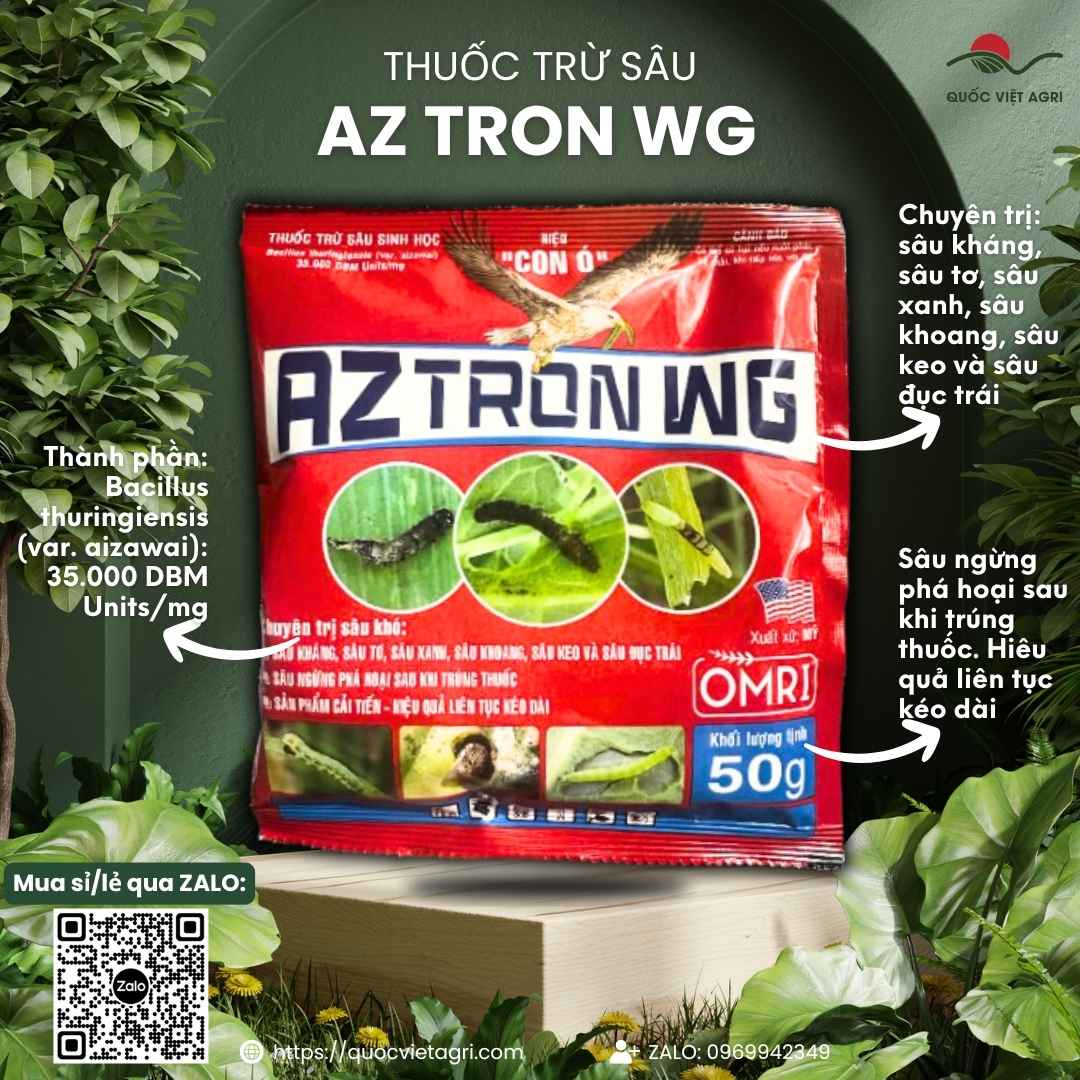 Mặt trước gói Thuốc trừ sâu sinh học AZTRON WG 50g nhập khẩu Mỹ.