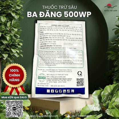 Mặt sau gói thuốc trừ sâu Ba Đăng 500WP 100g, chuyên dùng để đặc trị rệp sáp, bọ trĩ, sản phẩm chính hãng của Quốc Việt Agri.
