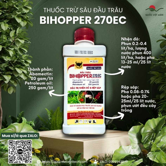 Mặt trước chai thuốc trừ sâu Đầu Trâu BIHOPPER 270EC 500ml, chứa Abamectin và Petroleum Oil, đặc trị nhện đỏ, rệp sáp.

