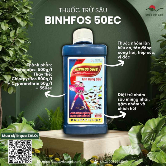 Mặt trước chai thuốc trừ sâu Binhfos 50EC 450ml, chuyên dùng để đặc trị sâu đục thân, rệp sáp, sản phẩm công nghệ Thụy Sĩ.


