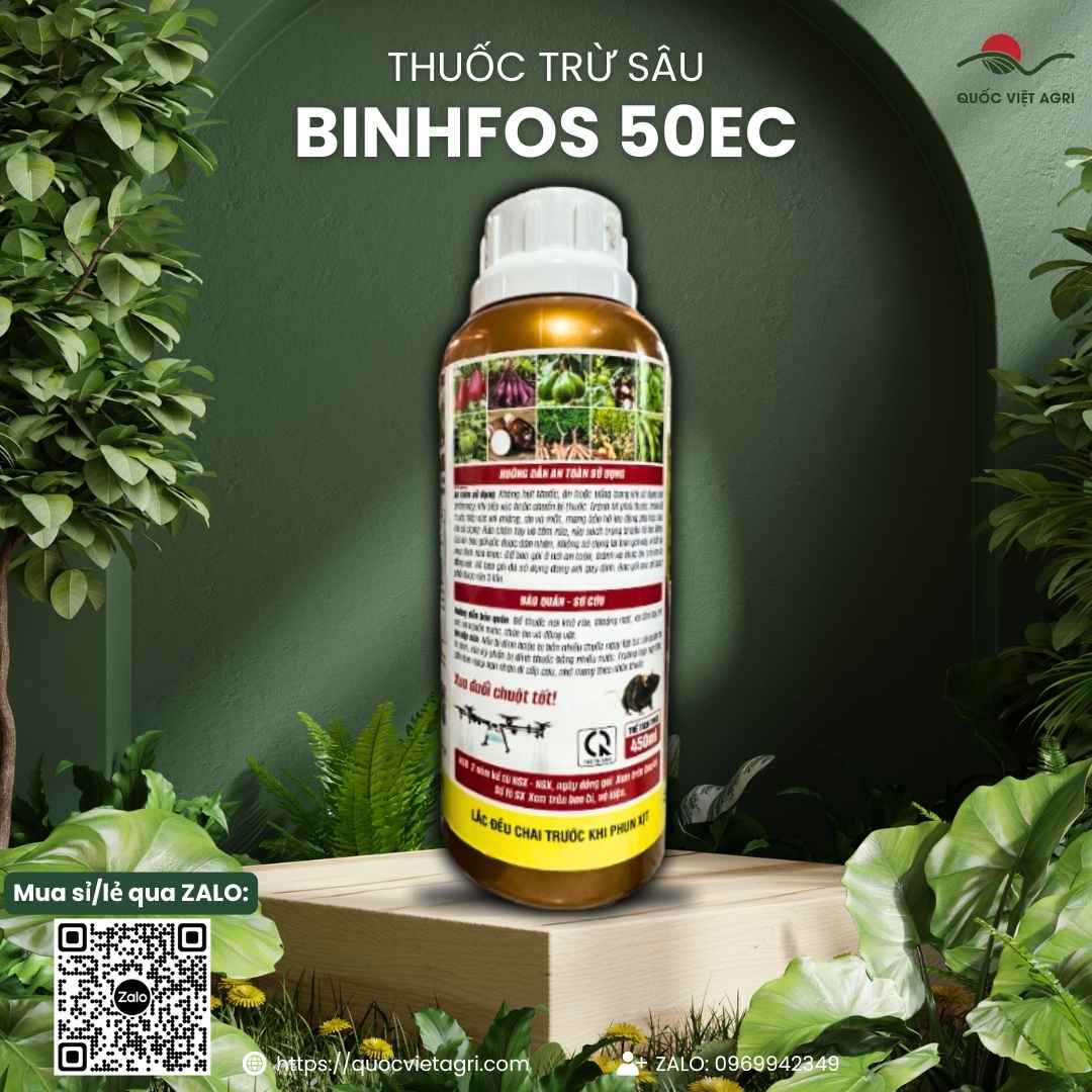 Mặt sau chai thuốc trừ sâu Binhfos 50EC 450ml, chuyên dùng để đặc trị sâu đục thân, rệp sáp, sản phẩm công nghệ Thụy Sĩ.