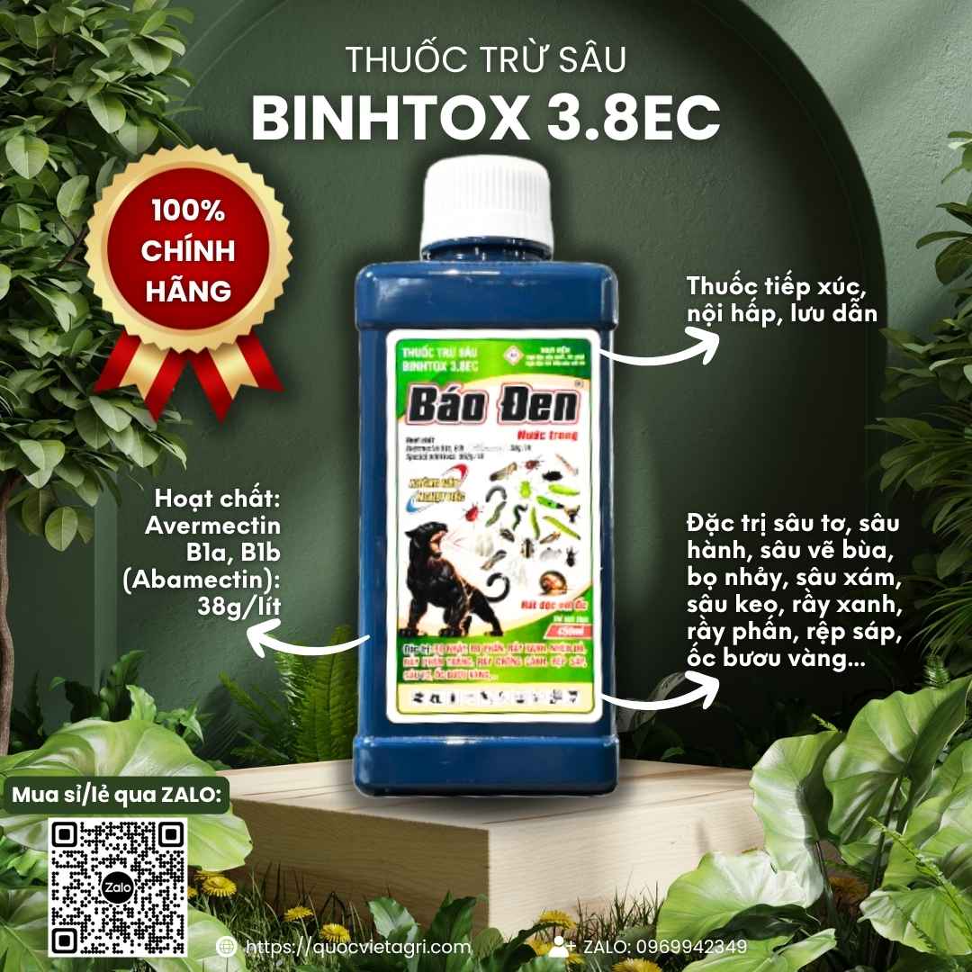Mặt trước chai thuốc trừ sâu sinh học Binhtox 3.8EC (Báo Đen) 450ml, công thức "nước trong", chuyên trị sâu rầy nhện.