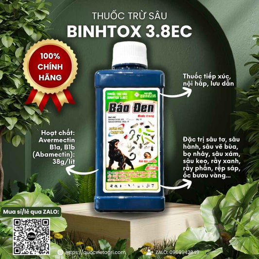 Mặt trước chai thuốc trừ sâu sinh học Binhtox 3.8EC (Báo Đen) 450ml, công thức "nước trong", chuyên trị sâu rầy nhện.