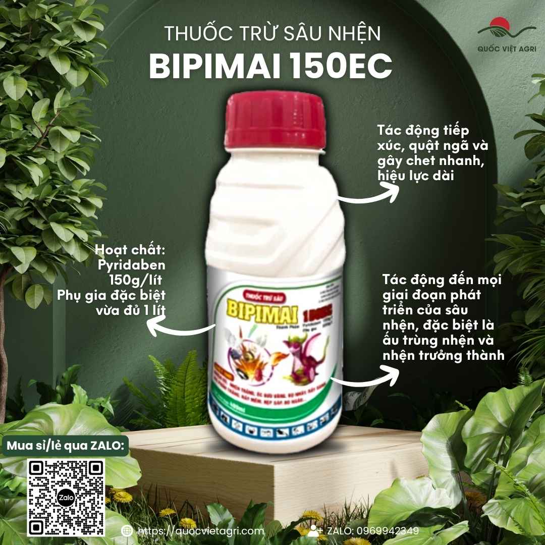 Mặt trước chai Thuốc Trừ Nhện Bipimai 150EC 240ml, hoạt chất Pyridaben, đặc trị nhện đỏ kháng thuốc, ung trứng nhện.