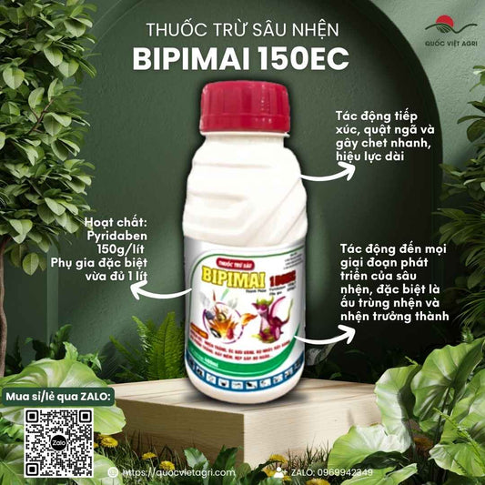 Mặt trước chai Thuốc Trừ Nhện Bipimai 150EC 240ml, hoạt chất Pyridaben, đặc trị nhện đỏ kháng thuốc, ung trứng nhện.