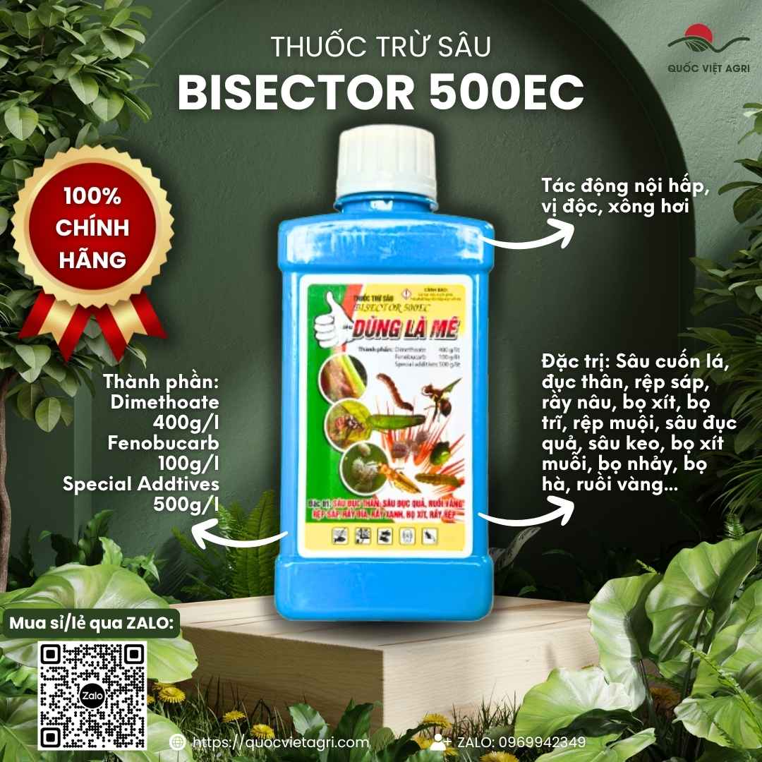 Mặt trước chai thuốc trừ sâu Bisector 500EC 450ml trị rầy nâu ruồi vàng.