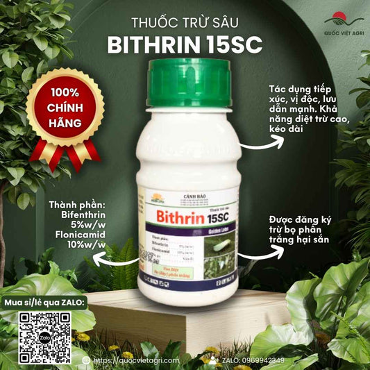 Mặt trước chai thuốc trừ sâu Bithrin 15SC 240ml, chuyên dùng để đặc trị bọ phấn trắng, rầy xanh, sản phẩm chính hãng.

