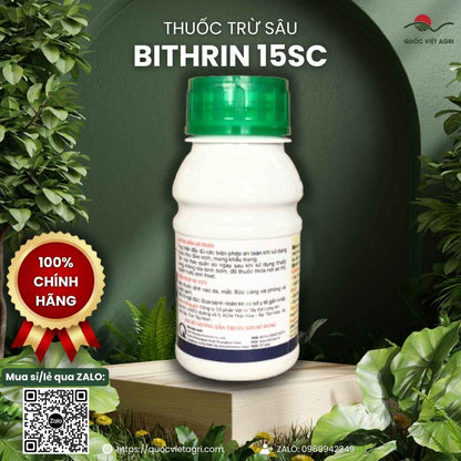 Mặt sau chai thuốc trừ sâu Bithrin 15SC 240ml, chuyên dùng để đặc trị bọ phấn trắng, rầy xanh, sản phẩm chính hãng.
