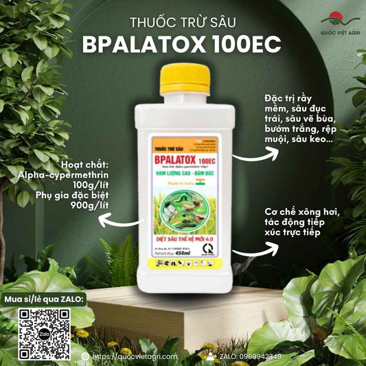 Mặt trước chai thuốc trừ sâu Bpalatox 100EC 450ml, chuyên dùng để đặc trị rầy mềm, sâu đục trái, sản phẩm chính hãng Ấn Độ.

