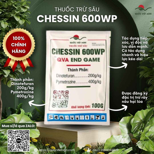 Mặt trước gói thuốc trừ sâu Chessin 600WP End Game 100g, chuyên dùng để đặc trị rầy nâu kháng thuốc, sản phẩm công nghệ Mỹ.

