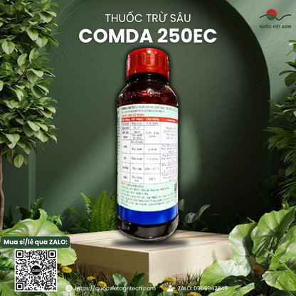 Mặt sau chai thuốc trừ sâu sinh học Comda 250EC 400ml với thông tin thành phần Emamectin benzoate 5g/l và hướng dẫn sử dụng.