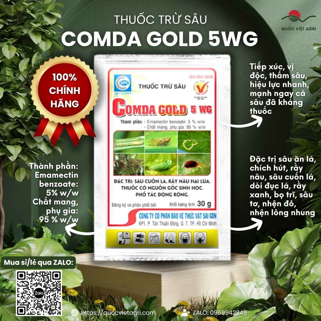 Mặt trước gói Thuốc trừ sâu COMDA GOLD 5WG – Emamectin benzoate 5% w/w, trị sâu cuốn lá và rầy nâu hại lúa.