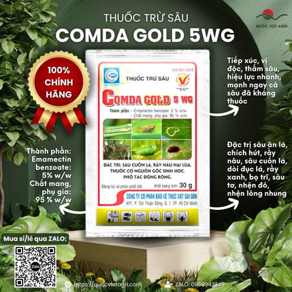 Mặt trước gói Thuốc trừ sâu COMDA GOLD 5WG – Emamectin benzoate 5% w/w, trị sâu cuốn lá và rầy nâu hại lúa.