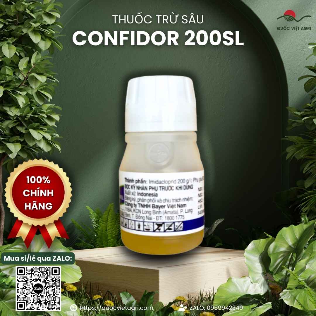 Mặt sau chai Confidor 50ml hiển thị hoạt chất Imidacloprid và liều lượng sử dụng.