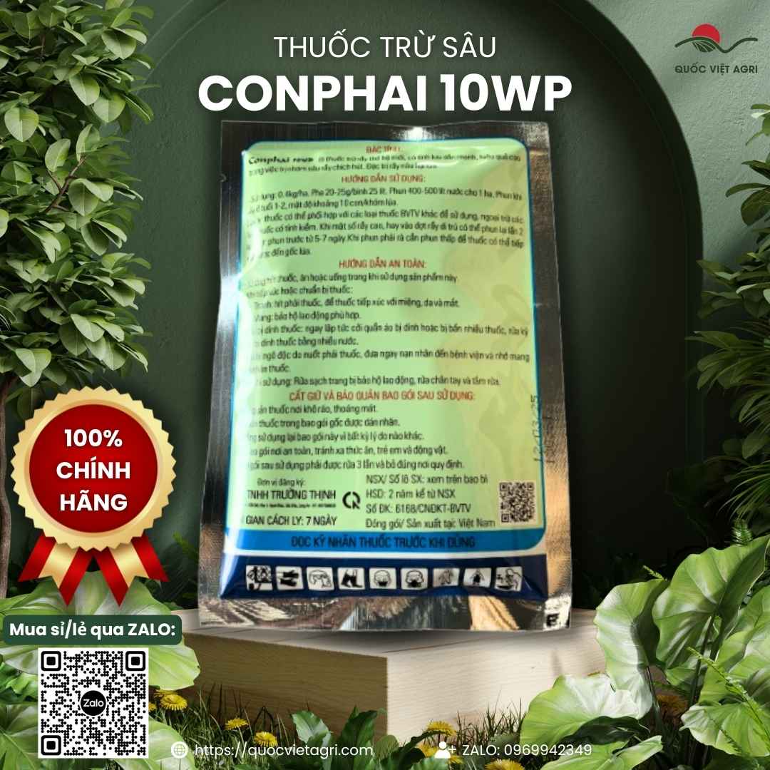 Mặt sau gói thuốc trừ sâu Conphai 10WP 100g, chuyên dùng để đặc trị rầy nâu hại lúa, sản phẩm chính hãng.
