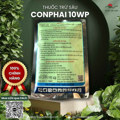 Mặt sau gói thuốc trừ sâu Conphai 10WP 100g, chuyên dùng để đặc trị rầy nâu hại lúa, sản phẩm chính hãng.
