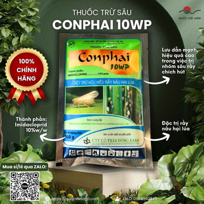 Mặt trước gói thuốc trừ sâu Conphai 10WP 100g, chuyên dùng để đặc trị rầy nâu hại lúa, sản phẩm chính hãng.

