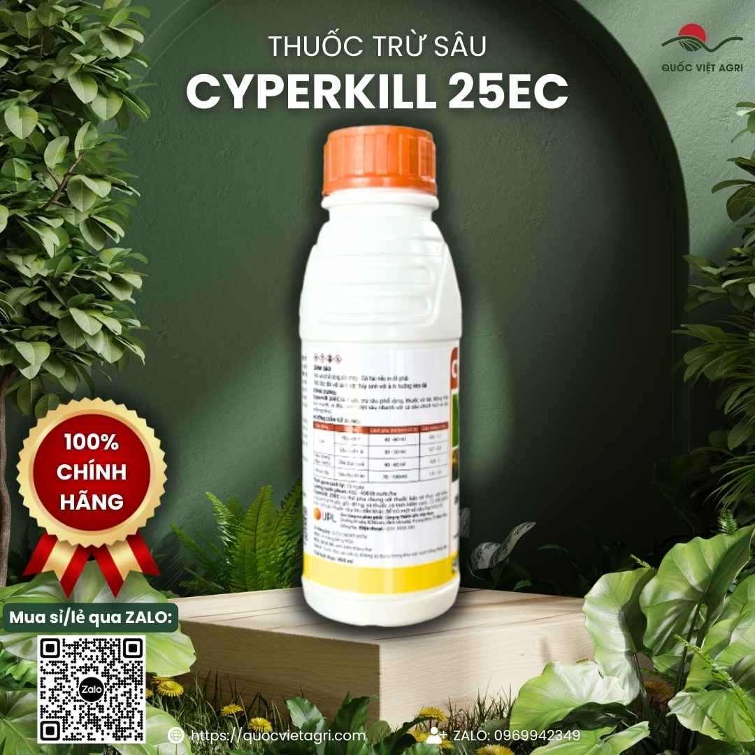 Hoạt chất Cypermethrin 250g/l mặt sau chai Cyperkill đặc trị rầy xanh.