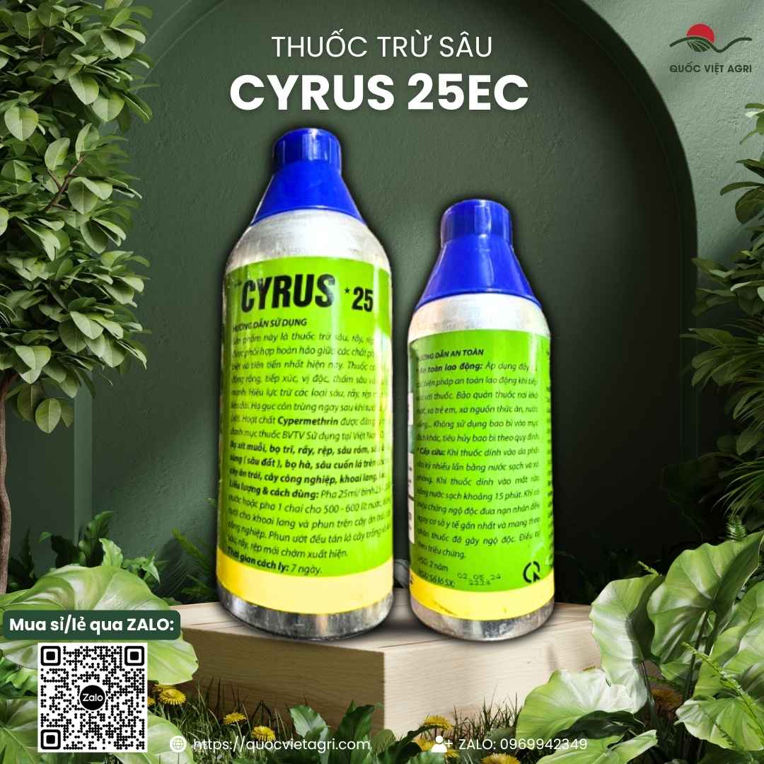 Chai Cyrus 25EC 500ml và 1 lít – mặt nhãn hướng dẫn sử dụng, hoạt chất Cypermethrin.