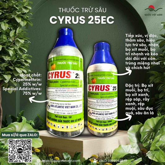 Mặt trước chai thuốc trừ sâu Cyrus 25EC 500ml, chuyên dùng để đặc trị sâu cuốn lá, sâu hồng, sản phẩm chính hãng của Quốc Việt Agri.

