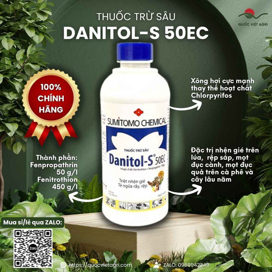 Mặt trước chai thuốc trừ sâu Danitol-S 450ml, chuyên dùng để đặc trị nhện gié, rệp sáp, sản phẩm chính hãng Sumitomo.

