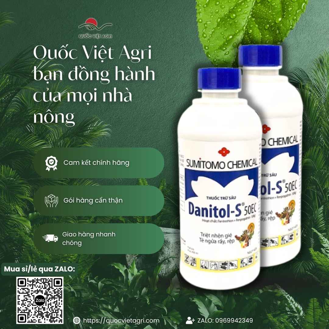 Mặt sau chai thuốc trừ sâu Danitol-S 450ml, chuyên dùng để đặc trị nhện gié, rệp sáp, sản phẩm chính hãng Sumitomo.
