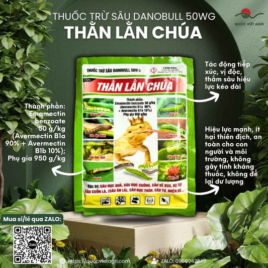Mặt trước gói Thuốc trừ sâu sinh học DANOBULL 50WG 100g Thằn Lằn Chúa.