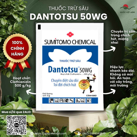 Mặt trước gói thuốc trừ sâu Dantotsu 50WG 5g, chuyên dùng để đặc trị rầy chổng cánh, rầy nâu, sản phẩm chính hãng Sumitomo Nhật Bản.

