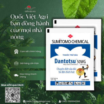 Ảnh tổng quan gói thuốc trừ sâu Dantotsu 50WG 5g, chuyên dùng để đặc trị rầy chổng cánh, rầy nâu, sản phẩm chính hãng Sumitomo Nhật Bản.
