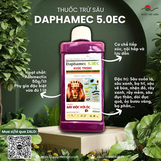 Mặt trước chai thuốc trừ sâu sinh học DAPHAMEC 5.0EC 450ml, chứa Abamectin 50g/l, đặc trị sâu rầy, bọ trĩ, sâu xanh, sâu tơ.