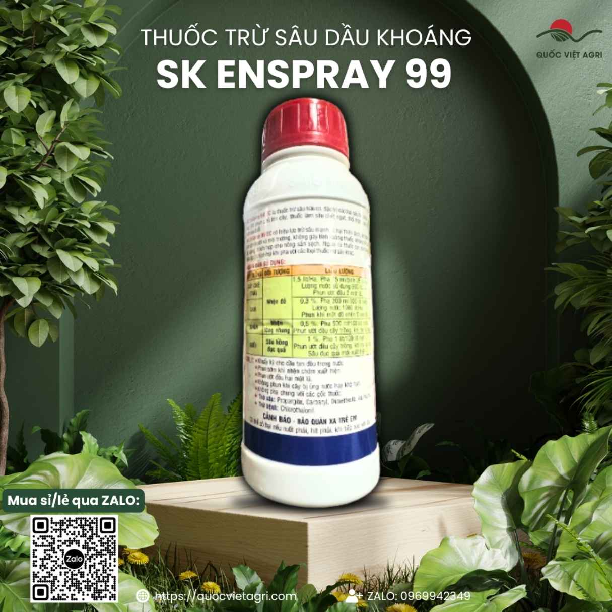 Mặt sau chai dầu khoáng SK Enspray 99EC 480ml, chuyên dùng để trị nhện đỏ, sâu hồng đục quả, sản phẩm hữu cơ từ Hàn Quốc.