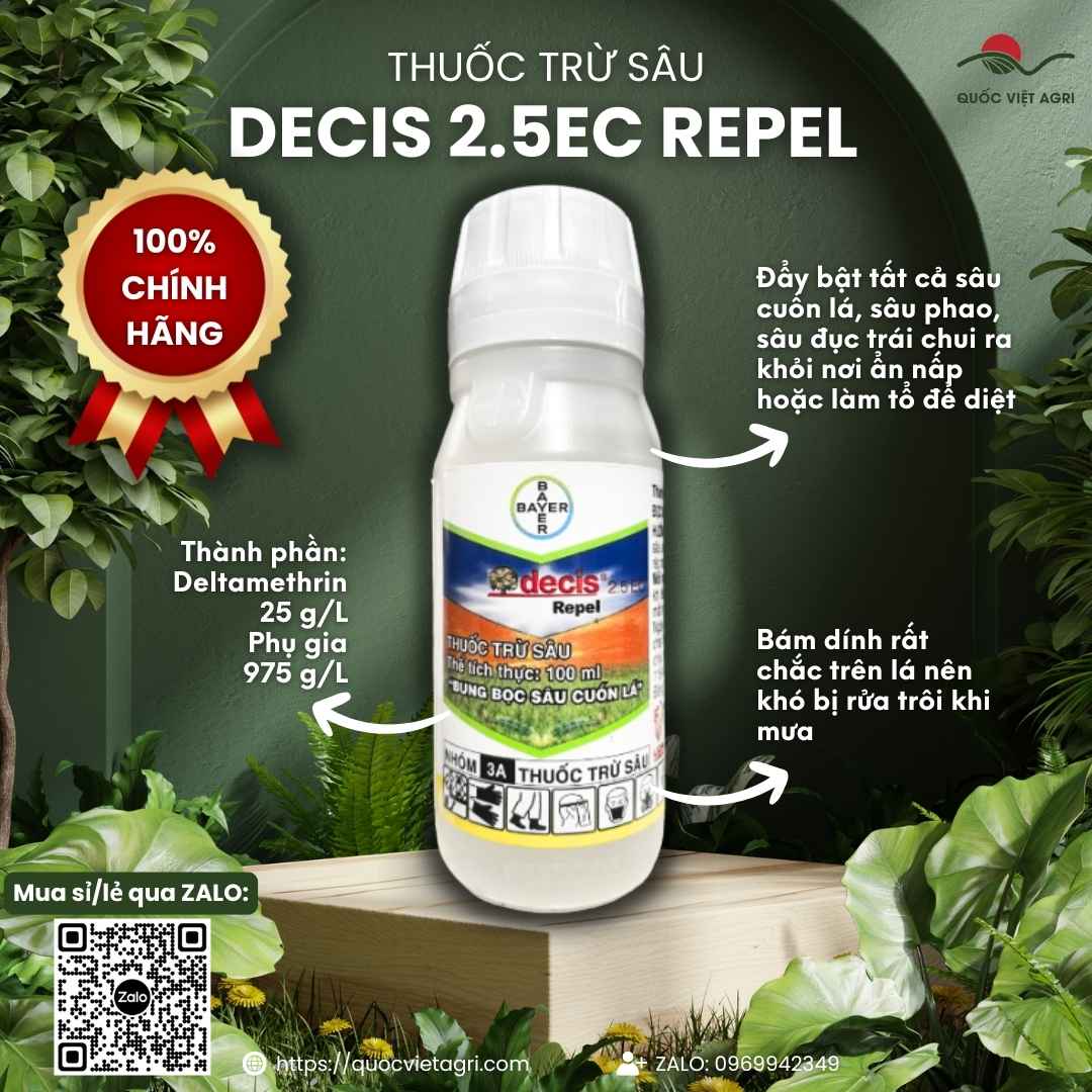 Mặt trước chai thuốc trừ sâu Decis 2.5EC Repel 100ml Bayer.