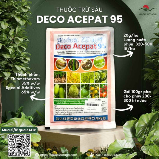 Mặt trước gói thuốc trừ sâu Deco Acepat 95SG 100g, chuyên dùng để đặc trị bọ trĩ hại lúa, sản phẩm chính hãng của Quốc Việt Agri.

