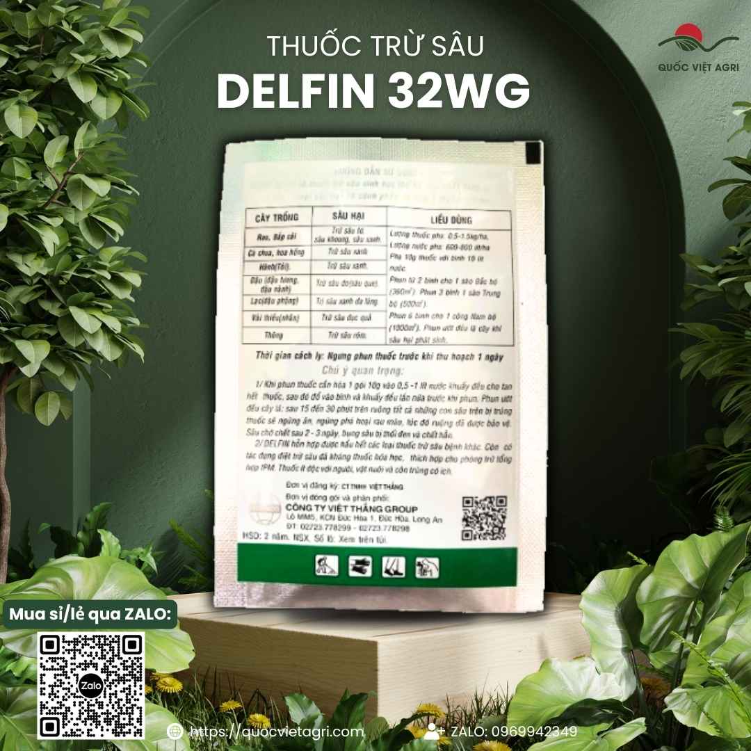 Mặt sau gói thuốc trừ sâu sinh học Delfin 32WG 10g, chuyên dùng để đặc trị sâu tơ, sâu xanh, sản phẩm chính hãng VITHACO.
