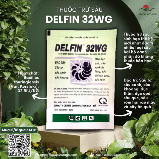 Mặt trước gói thuốc trừ sâu sinh học Delfin 32WG 10g, chuyên dùng để đặc trị sâu tơ, sâu xanh, sản phẩm chính hãng VITHACO.

