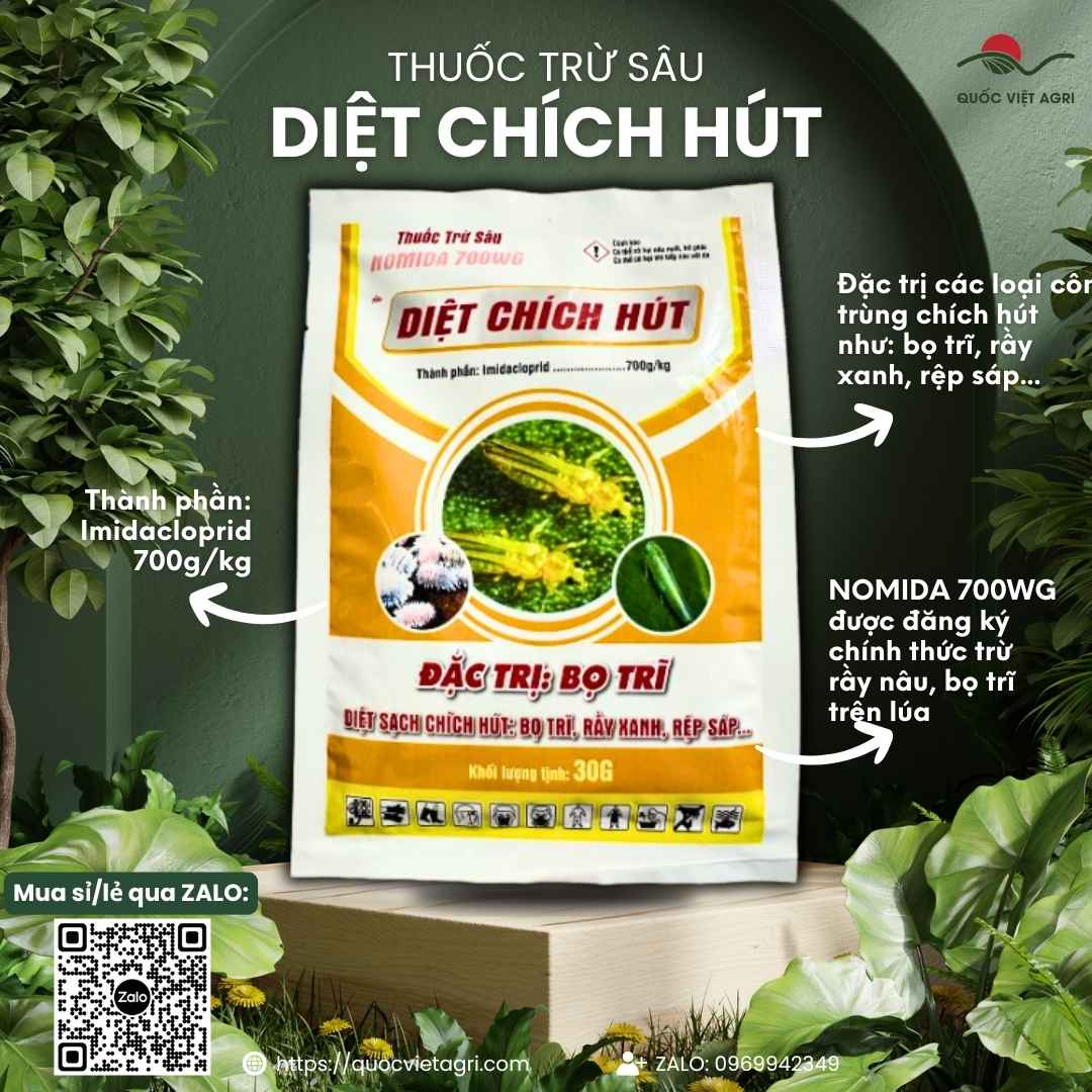 Mặt trước gói thuốc trừ sâu Nomida 700WG 30g, chuyên dùng để đặc trị rầy nâu, bọ trĩ, sản phẩm chính hãng của Quốc Việt Agri.

