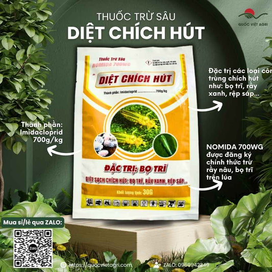 Mặt trước gói thuốc trừ sâu Nomida 700WG 30g, chuyên dùng để đặc trị rầy nâu, bọ trĩ, sản phẩm chính hãng của Quốc Việt Agri.

