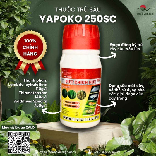 Mặt trước chai thuốc trừ sâu Yapoko 250SC 240ml, chuyên dùng để đặc trị ruồi vàng, bọ trĩ, sản phẩm dạng sữa mát cây.

