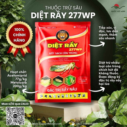 Mặt trước gói thuốc trừ sâu Diệt Rầy 277WP 100g, chuyên dùng để đặc trị rầy nâu hại lúa, sản phẩm chính hãng.

