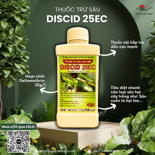 Mặt trước chai thuốc trừ sâu Discid 25EC 450ml, chuyên dùng để đặc trị sâu cuốn lá, bọ xít, sản phẩm chính hãng VITHACO.

