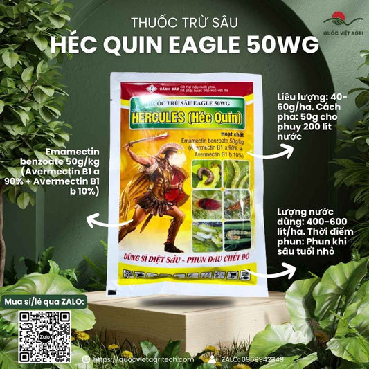 Mặt trước gói thuốc trừ sâu sinh học Eagle 50WG 100g, chuyên dùng để đặc trị sâu cuốn lá, nhện đỏ, sản phẩm chính hãng.


