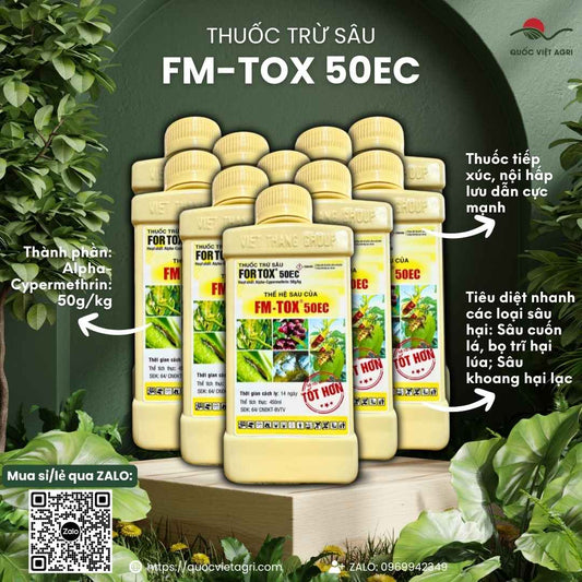 Mặt trước chai thuốc trừ sâu FM-Tox 50EC 450ml, chuyên dùng để đặc trị sâu cuốn lá, sâu khoang, sản phẩm chính hãng VITHACO.

