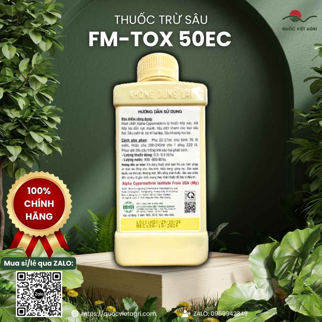 Mặt sau chai thuốc trừ sâu FM-Tox 50EC 450ml với thông tin thành phần Alpha-Cypermethrin và hướng dẫn sử dụng.