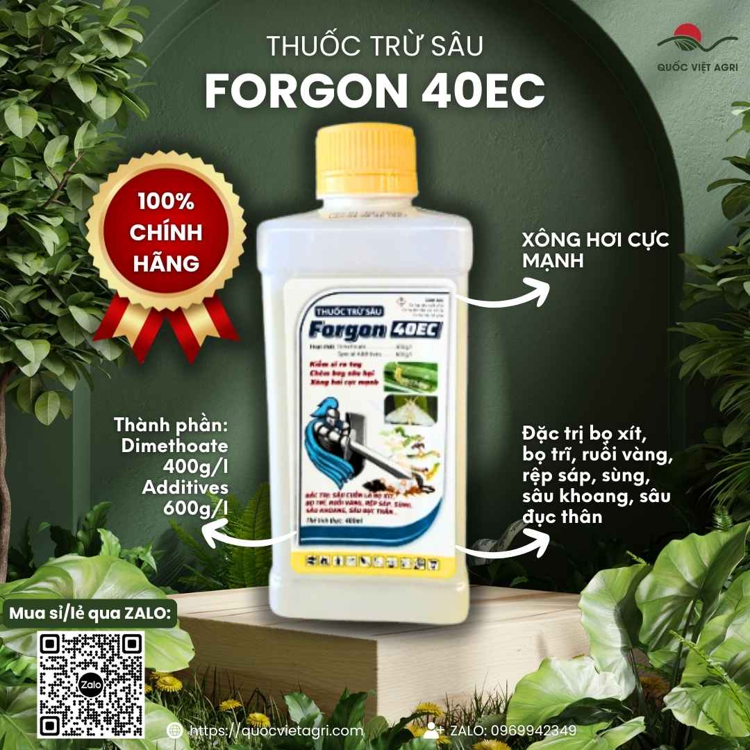 Mặt trước chai thuốc trừ sâu Forgon 40EC 450ml, chuyên dùng để đặc trị rệp sáp, bọ xít, sản phẩm chính hãng.