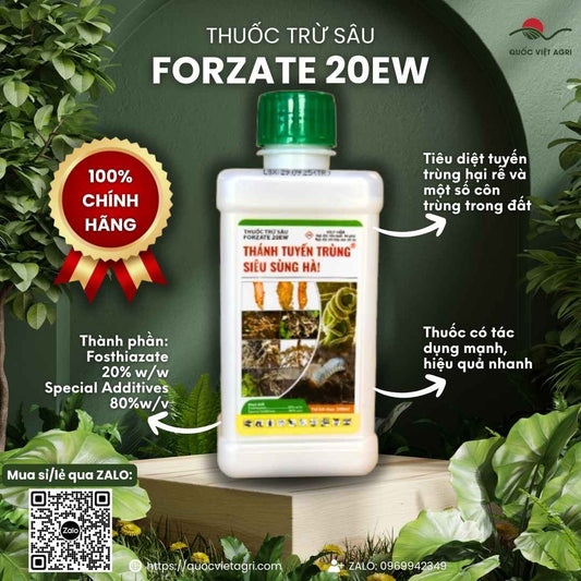 Mặt trước chai thuốc trừ sâu Forzate 20EW 240ml, chuyên dùng để đặc trị tuyến trùng, sùng đất, sản phẩm chính hãng.

