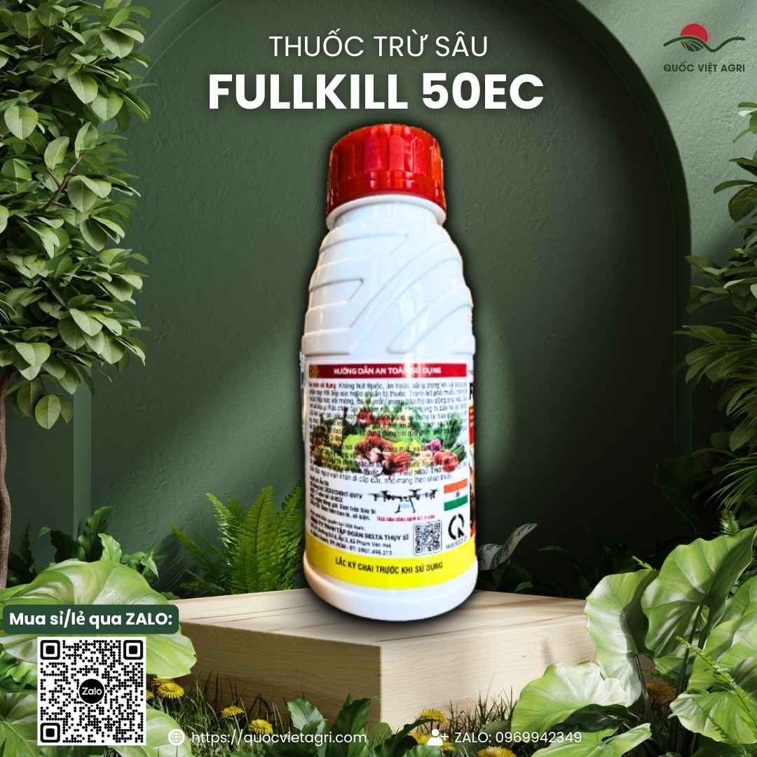 Mặt sau chai thuốc trừ sâu Fullkill 50EC 450ml với thông tin thành phần Permethrin 500g/l và hướng dẫn sử dụng phổ rộng cho lúa, rau màu, cây ăn trái.