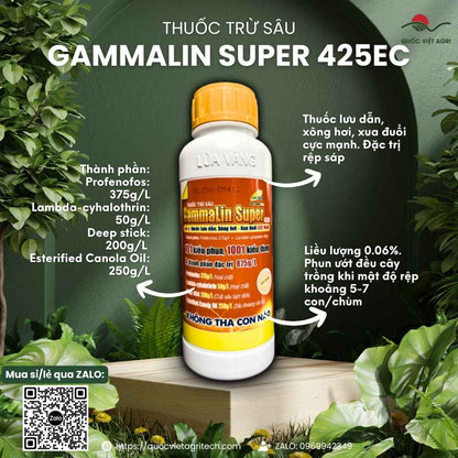 Mặt trước chai thuốc trừ sâu Gammalin Super 425EC 450ml, chuyên dùng để đặc trị rệp sáp, sản phẩm chính hãng Lúa Vàng.

