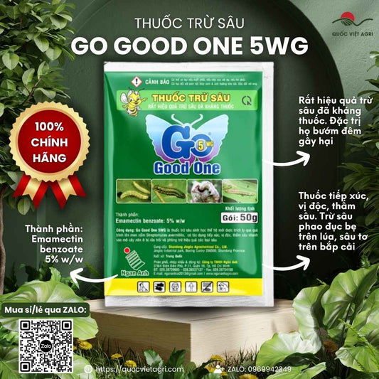 Mặt trước gói Thuốc trừ sâu sinh học GO GOOD ONE 5WG 50g đặc trị bướm đêm.
