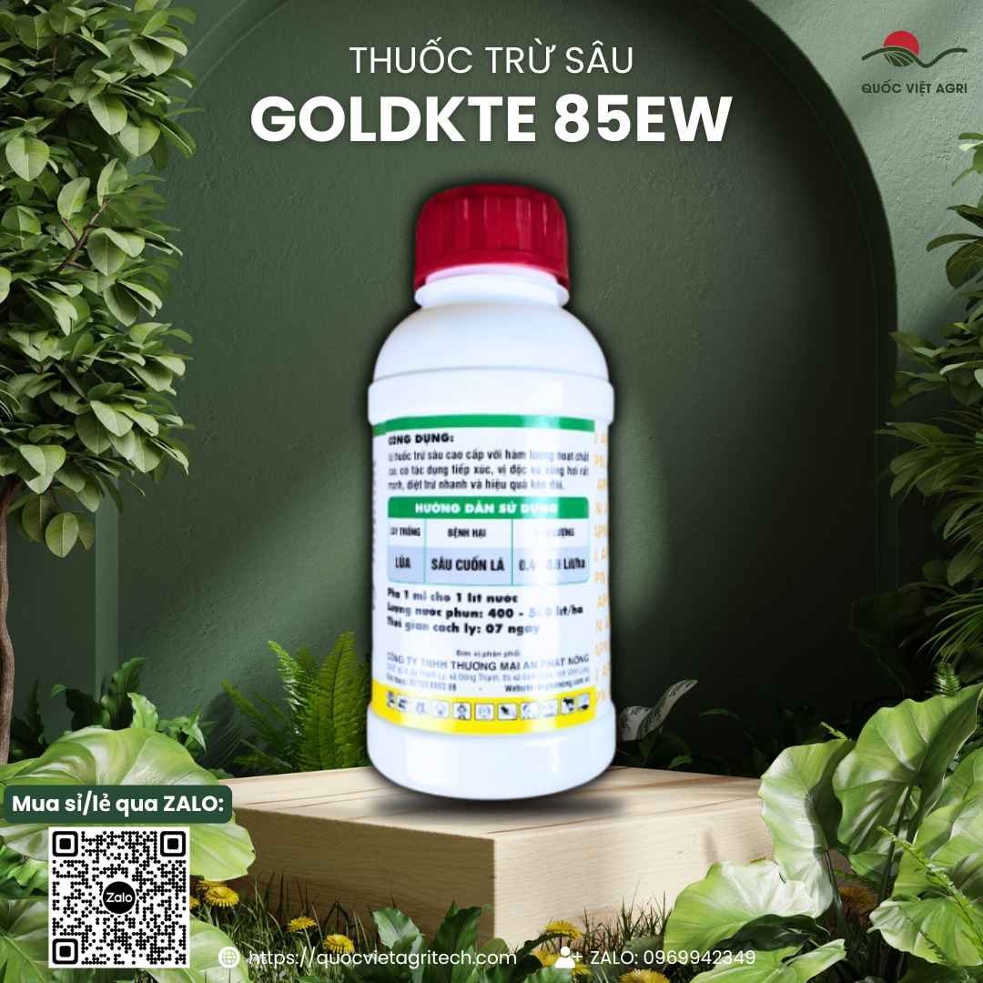 Mặt sau chai thuốc trừ sâu Goldkte 85EW Rồng Lửa 450ml, chuyên dùng diệt rệp sáp, dạng sữa mát cây, chính hãng An Phát Nông.
