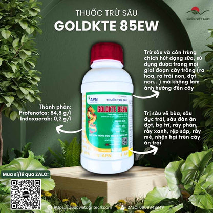 Mặt trước chai thuốc trừ sâu Goldkte 85EW Rồng Lửa 450ml, chuyên dùng diệt rệp sáp, dạng sữa mát cây, chính hãng An Phát Nông.


